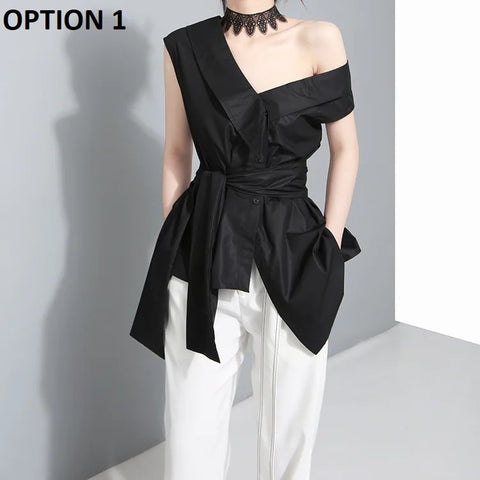 TIFICY Tie Large Bow Irregular Diagonal Shoulder Top CODE: KAR2886