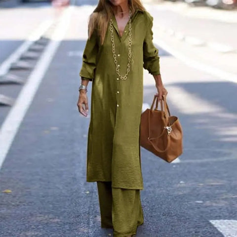 Autumn Fashion Leisure Long Shirt Long Sleeve Robe Wide Leg Pant Set CODE: KAR2888