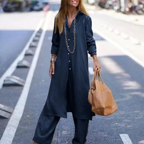 Autumn Fashion Leisure Long Shirt Long Sleeve Robe Wide Leg Pant Set CODE: KAR2888