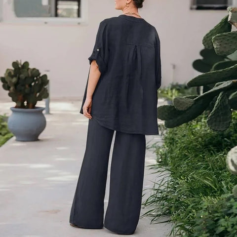 Summer New Fashion Casual Polo Collar Long Sleeve Shirt Top Wide Leg Pant Two Piece Set CODE: KAR2889