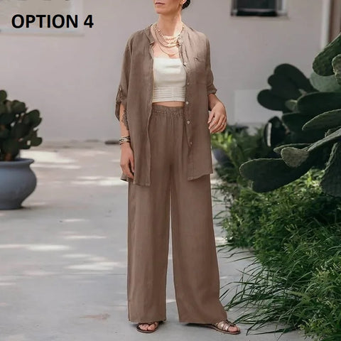 Summer New Fashion Casual Polo Collar Long Sleeve Shirt Top Wide Leg Pant Two Piece Set CODE: KAR2889