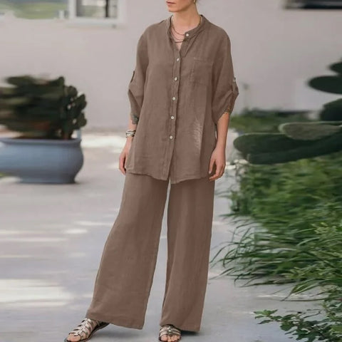 Summer New Fashion Casual Polo Collar Long Sleeve Shirt Top Wide Leg Pant Two Piece Set CODE: KAR2889