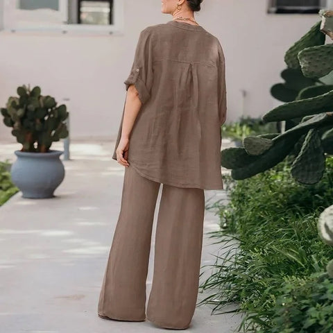 Summer New Fashion Casual Polo Collar Long Sleeve Shirt Top Wide Leg Pant Two Piece Set CODE: KAR2889