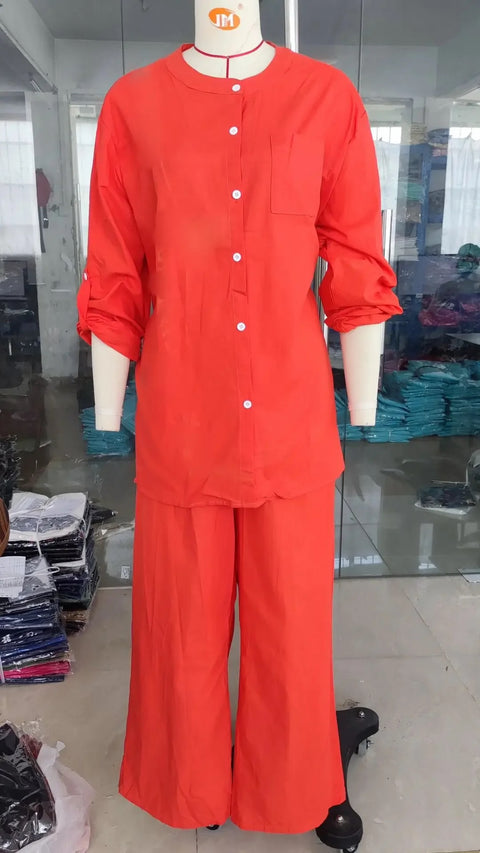 Summer New Fashion Casual Polo Collar Long Sleeve Shirt Top Wide Leg Pant Two Piece Set CODE: KAR2889