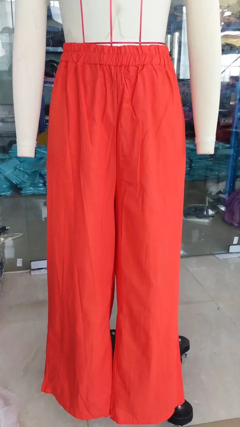 Summer New Fashion Casual Polo Collar Long Sleeve Shirt Top Wide Leg Pant Two Piece Set CODE: KAR2889