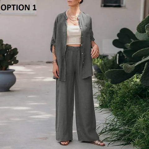 Summer New Fashion Casual Polo Collar Long Sleeve Shirt Top Wide Leg Pant Two Piece Set CODE: KAR2889