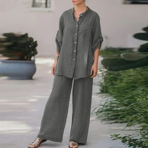 Summer New Fashion Casual Polo Collar Long Sleeve Shirt Top Wide Leg Pant Two Piece Set CODE: KAR2889