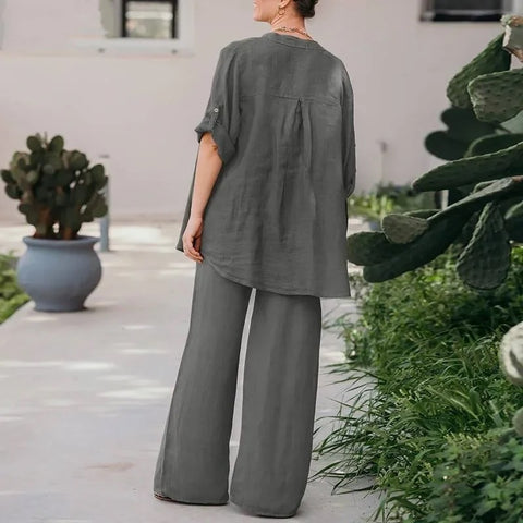 Summer New Fashion Casual Polo Collar Long Sleeve Shirt Top Wide Leg Pant Two Piece Set CODE: KAR2889