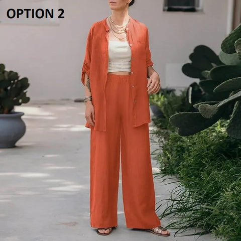 Summer New Fashion Casual Polo Collar Long Sleeve Shirt Top Wide Leg Pant Two Piece Set CODE: KAR2889