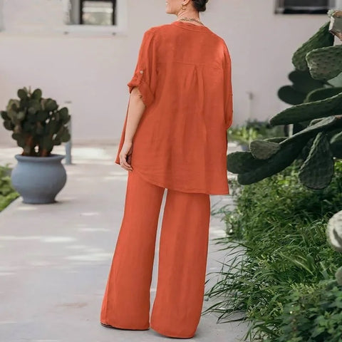 Summer New Fashion Casual Polo Collar Long Sleeve Shirt Top Wide Leg Pant Two Piece Set CODE: KAR2889