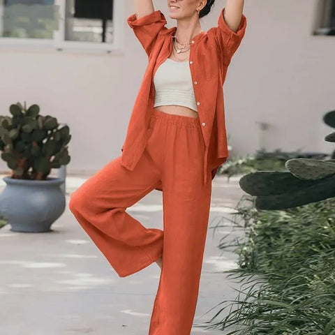 Summer New Fashion Casual Polo Collar Long Sleeve Shirt Top Wide Leg Pant Two Piece Set CODE: KAR2889