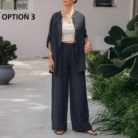 Summer New Fashion Casual Polo Collar Long Sleeve Shirt Top Wide Leg Pant Two Piece Set CODE: KAR2889