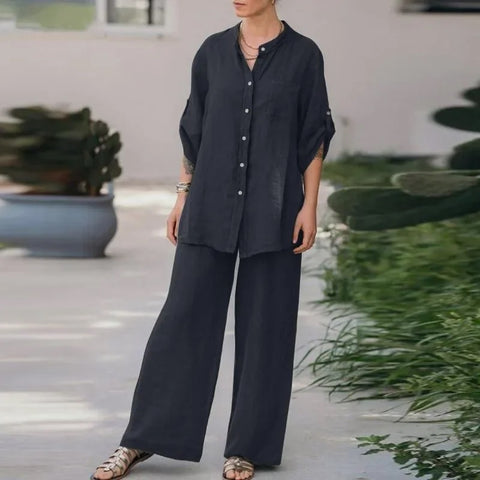 Summer New Fashion Casual Polo Collar Long Sleeve Shirt Top Wide Leg Pant Two Piece Set CODE: KAR2889