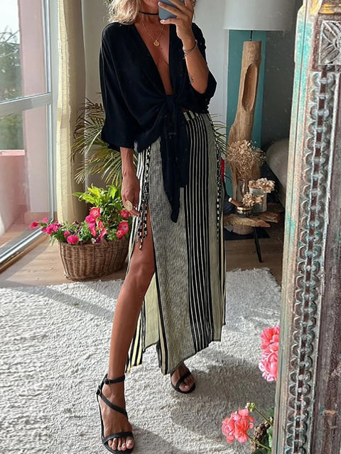 Sexy Loose Fit r Deep V-Neck Batwing Sleeve Slit Skirt Outfit CODE: KAR2906
