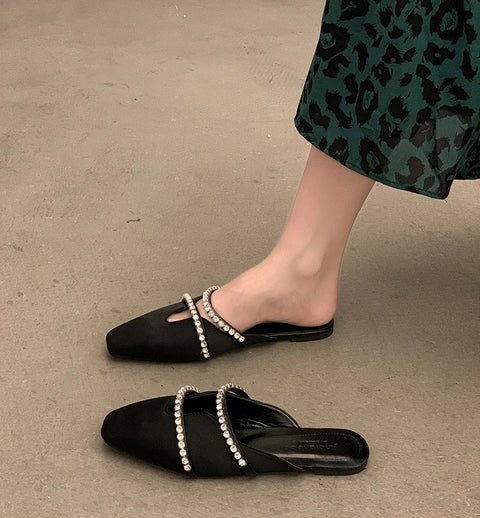 Summer New Rhinestone Flat Bottom Non-slip Square Toe Slipper CODE: KAR2908