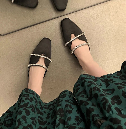 Summer New Rhinestone Flat Bottom Non-slip Square Toe Slipper CODE: KAR2908