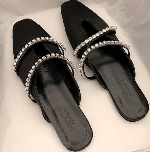 Summer New Rhinestone Flat Bottom Non-slip Square Toe Slipper CODE: KAR2908