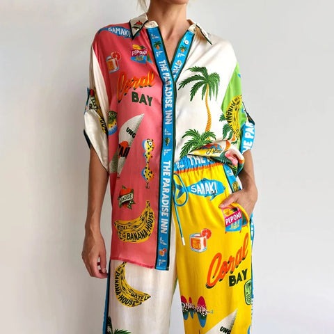 Casual Printed Coconut Trees Short Sleeve Shirt With Loose Long Pant CODE: KAR2910
