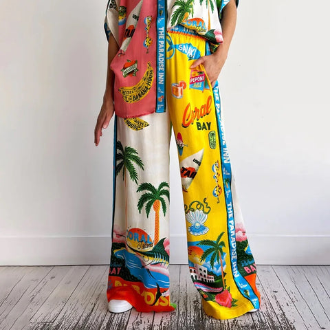 Casual Printed Coconut Trees Short Sleeve Shirt With Loose Long Pant CODE: KAR2910