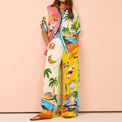 Casual Printed Coconut Trees Short Sleeve Shirt With Loose Long Pant CODE: KAR2910