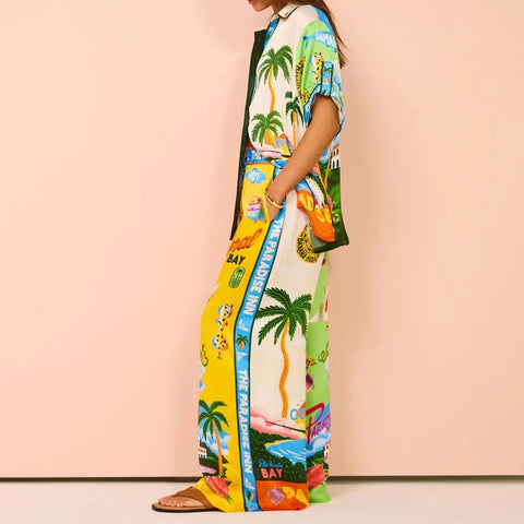 Casual Printed Coconut Trees Short Sleeve Shirt With Loose Long Pant CODE: KAR2910