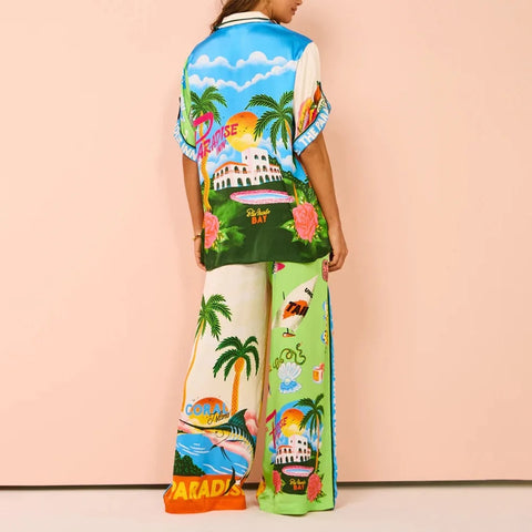 Casual Printed Coconut Trees Short Sleeve Shirt With Loose Long Pant CODE: KAR2910