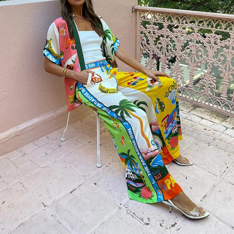 Casual Printed Coconut Trees Short Sleeve Shirt With Loose Long Pant CODE: KAR2910