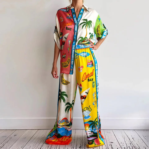 Casual Printed Coconut Trees Short Sleeve Shirt With Loose Long Pant CODE: KAR2910