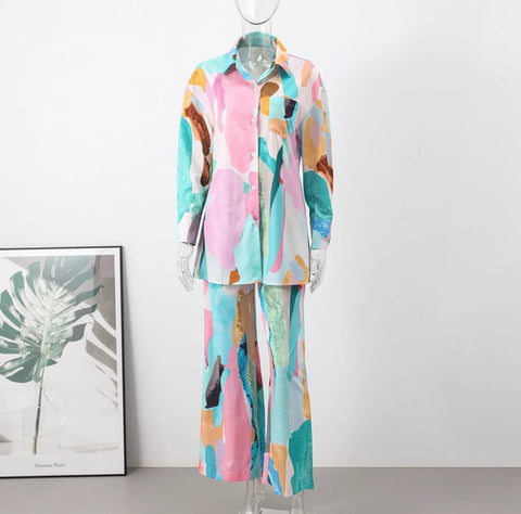 Casual Print Collar Shirt With Wide Leg Pant Spring Summer Holiday Suit CODE: KAR2912