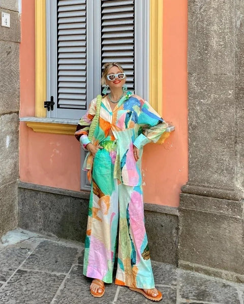 Casual Print Collar Shirt With Wide Leg Pant Spring Summer Holiday Suit CODE: KAR2912
