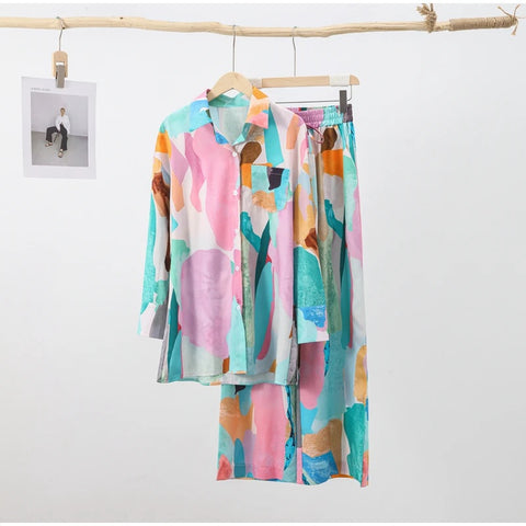 Casual Print Collar Shirt With Wide Leg Pant Spring Summer Holiday Suit CODE: KAR2912