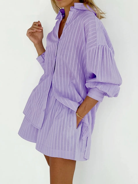 New Summer Stripe Shorts With Lantern Sleeve Shirt Set CODE: KAR2914