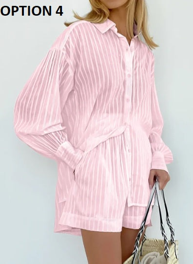 New Summer Stripe Shorts With Lantern Sleeve Shirt Set CODE: KAR2914