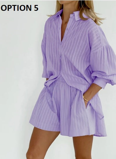 New Summer Stripe Shorts With Lantern Sleeve Shirt Set CODE: KAR2914
