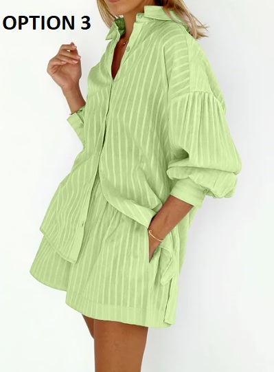 New Summer Stripe Shorts With Lantern Sleeve Shirt Set CODE: KAR2914