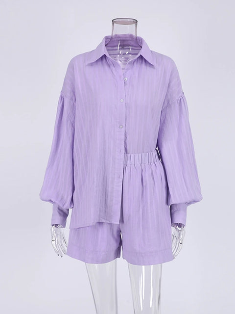 New Summer Stripe Shorts With Lantern Sleeve Shirt Set CODE: KAR2914