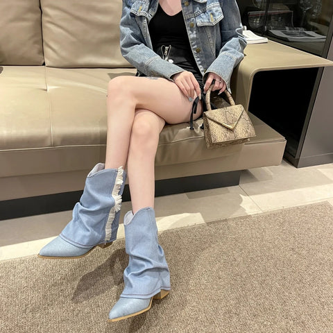 New Fashion Denim Fabric Cowboy Boots CODE: KAR2918
