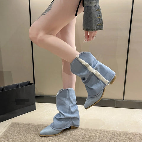 New Fashion Denim Fabric Cowboy Boots CODE: KAR2918