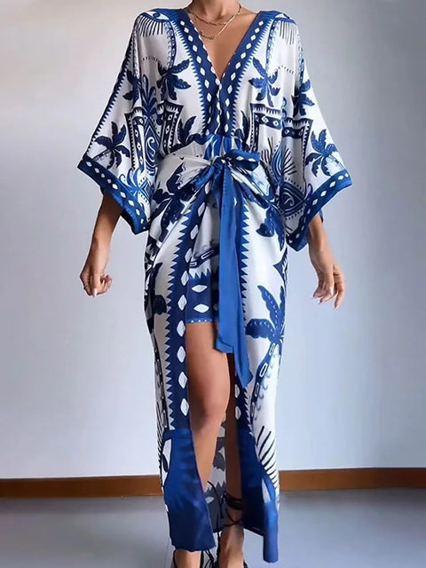 Summer Flare Sleeve Deep V-Neck Printed Loose Maxi Dress CODE: KAR2921