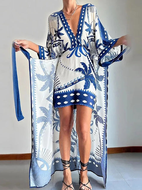 Summer Flare Sleeve Deep V-Neck Printed Loose Maxi Dress CODE: KAR2921