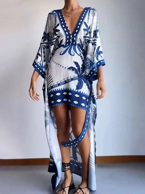 Summer Flare Sleeve Deep V-Neck Printed Loose Maxi Dress CODE: KAR2921