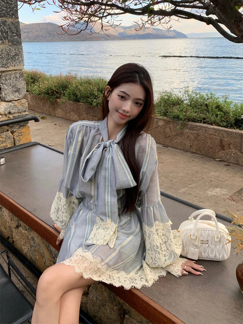 Summer Lace Patchwork Striped Blouse and Elastic High Waist Mini Skirt CODE: KAR2926