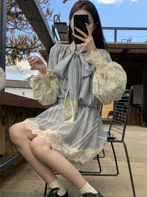 Summer Lace Patchwork Striped Blouse and Elastic High Waist Mini Skirt CODE: KAR2926