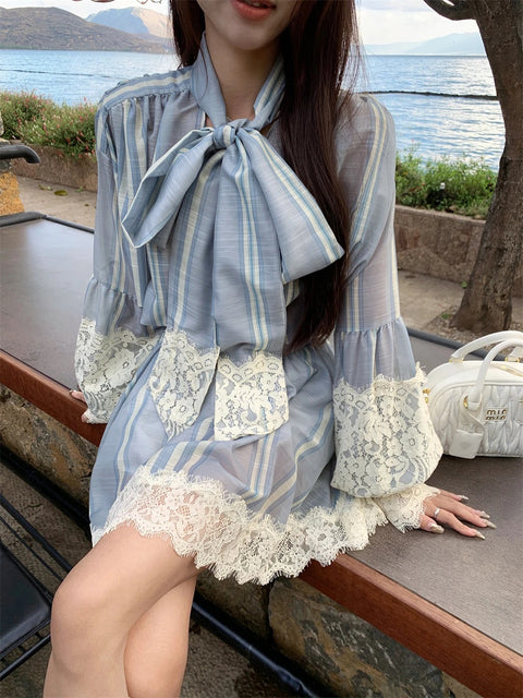 Summer Lace Patchwork Striped Blouse and Elastic High Waist Mini Skirt CODE: KAR2926