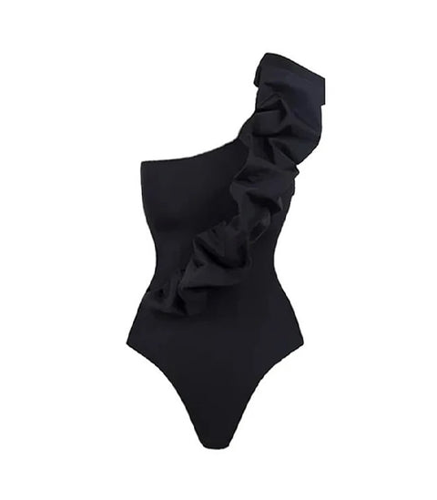 New Fashion Oblique Shoulder Black Swimsuit CODE: KAR2927