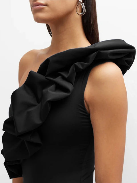 New Fashion Oblique Shoulder Black Swimsuit CODE: KAR2927