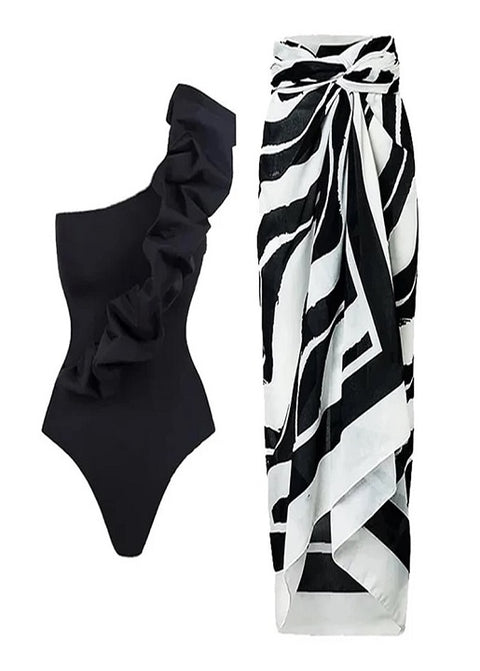 New Fashion Oblique Shoulder Black Swimsuit CODE: KAR2927