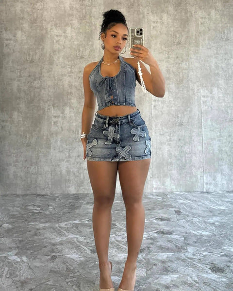 New Pocket Sleeveless Tops And High Waist Mini Skirt 2 Piece Set CODE: KAR2931