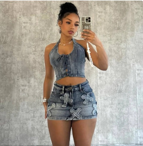 New Pocket Sleeveless Tops And High Waist Mini Skirt 2 Piece Set CODE: KAR2931