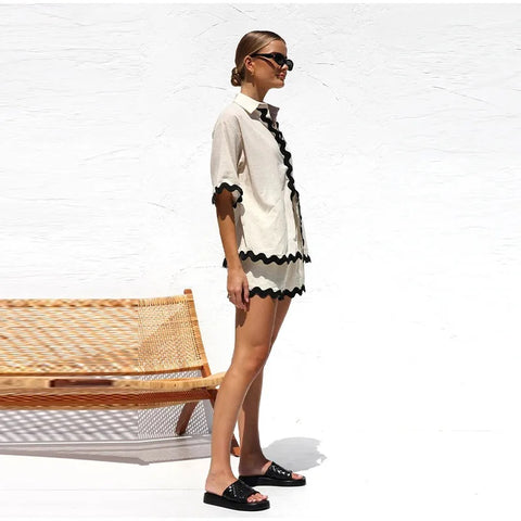 Turn-down Collar Single Breasted Flower Shirt Short Pants Set CODE: KAR2944